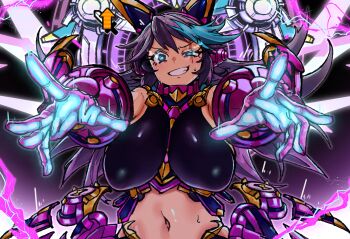 1girl absurdres animal_ear_headphones animal_ears bare_shoulders blue_eyes blue_hair blush breasts cat_ear_headphones cat_ears covered_erect_nipples ebora electricity fake_animal_ears gloves gold_trim grin halo headphones highres large_breasts long_hair looking_at_viewer mechanical_gloves mechanical_halo multicolored_hair navel nyanko_daisensou outstretched_arms purple_gloves purple_hair purple_sports_bra smile solo sports_bra streaked_hair thundia_(nyanko_daisensou)