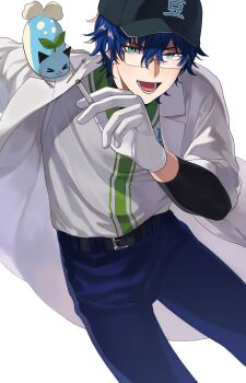 Rule 34 | > <, 1boy, :d, aqua eyes, baseball cap, baseball jersey, baseball uniform, belt, black belt, black hat, blue hair, blue pants, cigarette, coat, commentary request, cowboy shot, creature, creature on shoulder, glasses, gloves, grey-framed eyewear, hair between eyes, hat, highres, holding, holding cigarette, jersey, lapels, leos vincent, long bangs, long sleeves, looking at viewer, lower teeth only, male focus, mameneko (leos vincent), nijisanji, nijisanji koshien, notched lapels, on shoulder, open clothes, open coat, open mouth, pants, rectangular eyewear, semi-rimless eyewear, shirt, shirt tucked in, short hair, simple background, smile, sportswear, teeth, virtual youtuber, white background, white coat, white gloves, white shirt, zmzm hiji