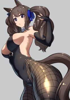1girl absurdres alternate_costume animal_ears black_gloves black_leotard blue_eyes breasts brown_hair brown_pantyhose commentary_request elbow_gloves fingerless_gloves fishnet_pantyhose fishnets gloves grey_background highres horse_ears horse_girl horse_tail large_breasts leotard looking_at_viewer pantyhose partially_fingerless_gloves saikuu simple_background solo tail tosen_jordan_(umamusume) twintails umamusume