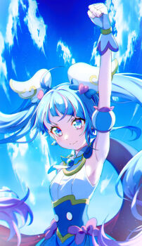 Rule 34 | 1girl, armpits, blue cape, blue dress, blue eyes, blue hair, blue sky, bow, brooch, cape, closed mouth, cloud, cloudy sky, cure sky, cut bangs, day, detached sleeves, dress, dress bow, earrings, fingerless gloves, gloves, gradient hair, hair ornament, highres, hirogaru sky! precure, jewelry, kyoutsuugengo, long hair, looking at viewer, magical girl, multicolored hair, outdoors, pink bow, pink hair, precure, puffy detached sleeves, puffy sleeves, raised fist, red cape, single sidelock, sky, sleeveless, sleeveless dress, smile, solo, sora harewataru, streaked hair, twintails, two-sided cape, two-sided fabric, two-tone dress, two-tone hair, upper body, v-shaped eyebrows, very long hair, white dress, white gloves, wing brooch, wing hair ornament