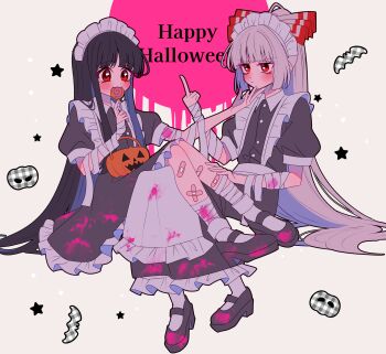 2girls absurdres alternate_costume apron bandaged_arm bandaged_leg bandages bandaid bandaid_on_leg basket black_dress black_hair black_shoes blush bow candy closed_mouth commentary_request dress eating english_text enmaided food fujiwara_no_mokou grey_hair hair_bow halloween hand_on_another&#039;s_chin happy_halloween highres holding holding_candy holding_food holding_lollipop houraisan_kaguya jack-o&#039;-lantern lollipop long_hair maid maid_headdress mary_janes middle_finger multiple_girls puffy_short_sleeves puffy_sleeves red_eyes shoes short_sleeves socks star_(symbol) swirl_lollipop tamiko_(tamik0224) touhou very_long_hair waist_apron white_apron white_socks