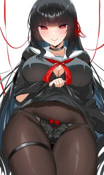 1girl absurdres adapted_costume alternate_breast_size_(larger) black_bra black_choker black_hair black_panties black_pantyhose black_serafuku black_skirt blunt_bangs bow bow_panties bra bra_peek breasts bright_pupils chisa_(wuthering_waves) choker cleavage closed_mouth clothes_lift commentary english_commentary hair_ribbon high-waist_pantyhose highres lace lace_panties large_breasts lifting_own_clothes light_blush long_hair looking_at_viewer micchan_(micchanmeido) panties panties_over_pantyhose pantyhose red_eyes red_ribbon ribbon sailor_collar school_uniform serafuku simple_background skirt skirt_lift smile solo thigh_strap thighs underwear very_long_hair white_background white_pupils white_sailor_collar wuthering_waves