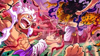 2boys absurdres artist_name beard black_hair cidades claws egghead_island facial_hair fangs fighting furry furry_male gear_fifth gomu_gomu_no_mi haki_(one_piece) hat hat_on_back highres hito_hito_no_mi_model:_nika leopard leopard_boy monkey_d._luffy multiple_boys muscular muscular_male one_piece open_mouth pants red_eyes rob_lucci sandals scar scar_on_chest sharp_teeth smile straw_hat teeth tongue tongue_out twitter_username white_hair white_pants