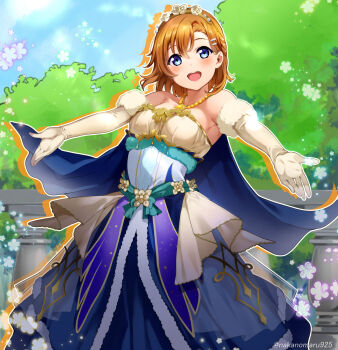 1girl :d absurdres alternate_costume alternate_hairstyle blue_cape blue_eyes blush cape dress elbow_gloves frilled_dress frills fur-trimmed_gloves fur_trim gloves hair_ornament hairclip head_wreath highres kosaka_honoka long_dress looking_at_viewer love_live! love_live!_school_idol_project nakano_maru open_mouth orange_hair outstretched_arms smile strapless strapless_dress wg