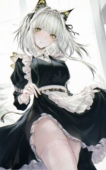 1girl absurdres animal_ears apron arknights arm_belt belt black_ribbon bow bowtie breasts cat_ears cat_girl closed_mouth clothes_lift commentary cowboy_shot frilled_apron frilled_skirt frills green_eyes green_hair green_nails hair_ribbon highres kal&#039;tsit_(arknights) kal&#039;tsit_(the_remains_of_time)_(arknights) lifting_own_clothes long_sleeves looking_at_viewer maid maid_apron maid_headdress medium_breasts medium_hair official_alternate_costume pout renoahh ribbon skirt skirt_lift solo thighhighs white_belt white_bow white_bowtie white_thighhighs