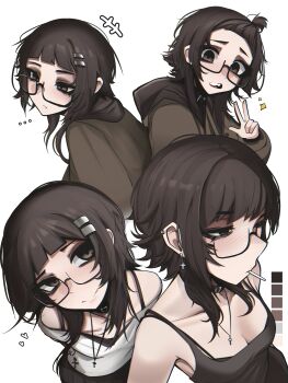 ... 1girl absurdres bangs_pinned_back black-framed_eyewear black_choker black_eyes black_hair black_hoodie black_tank_top blunt_bangs breasts candy choker cleavage closed_mouth collarbone color_guide cross cross_earrings cross_necklace earrings food glasses hair_ornament hairclip hand_up highres hood hood_down hoodie jewelry lollipop lollipop_in_mouth looking_at_viewer medium_hair mikuneki multiple_views necklace open_mouth original parallel_hairclips riyo_kaede_(mikuneki) semi-rimless_eyewear shirt simple_background small_breasts spoken_ellipsis tank_top under-rim_eyewear w white_background white_shirt