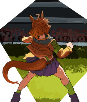 1girl ahoge animal_ears braid brown_hair clothing_cutout feet_out_of_frame fpwgfnrixm35508 from_behind green_socks half_up_braid highres horse_ears horse_girl horse_racing_track horse_tail jacket jungle_pocket_(champion&#039;s_battle_cry)_(umamusume) jungle_pocket_(umamusume) long_sleeves pleated_skirt skirt socks solo tail tail_through_clothes umamusume yellow_jacket