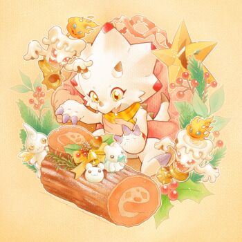 Rule 34 | bracelet, candmon, christmas ornaments, commentary request, creature, cupimon, digimon, digimon (creature), drooling, gammamon, hand on another's hand, highres, hiyarimon, holding, holding creature, holly, isei0212, jewelry, out of frame, scarf, simple background, starmon (digimon xros wars), striped clothes, striped scarf, yukimibotamon, yule log (cake)