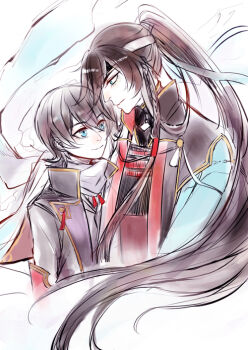 Rule 34 | 2boys, black hair, black jacket, black vest, blue coat, blue eyes, coat, commentary request, hair between eyes, headband, horikawa kunihiro, izumi-no-kami kanesada, jacket, japanese clothes, jinbaori, joshua drac, long hair, looking at another, multiple boys, scarf, short hair, sidelocks, touken ranbu, vest, white headband, white scarf, yaoi