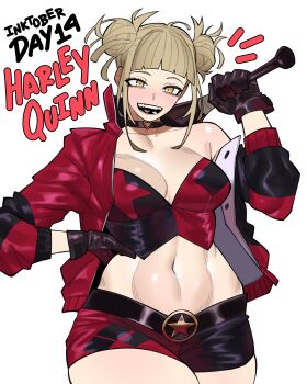 1girl baseball_bat black_gloves blonde_hair boku_no_hero_academia breasts cleavage cosplay dc_comics female_focus gloves harley_quinn harley_quinn_(cosplay) holding holding_baseball_bat jacket large_breasts looking_at_viewer loopvoid matching_hair/eyes midriff open_clothes open_jacket red_jacket short_shorts shorts solo toga_himiko yellow_eyes