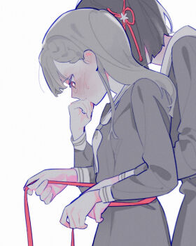 2girls blush commentary dress ear_blush greyscale hasu_no_sora_school_uniform highres holding holding_tape_measure hug hug_from_behind kachimachi_kosuzu link!_like!_love_live! long_hair long_sleeves love_live! measuring momose_ginko monochrome multiple_girls neckerchief pink_eyes pink_ribbon pipi_(m1x_mix) ribbon sailor_dress school_uniform short_hair spot_color sweat tape_measure winter_uniform yuri