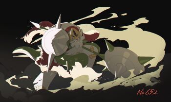 Rule 34 | absurdres, armor, black background, chesnaught, commentary request, dust, fighting stance, gen 6 pokemon, highres, jin rou, looking at viewer, mega chesnaught, nintendo, no humans, pokemon, pokemon (creature), pokemon focus, shoulder armor, simple background