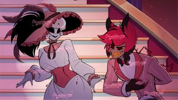 1boy 1girl alastor_(hazbin_hotel) black_pants collared_shirt commentary dress hazbin_hotel hellaverse highres long_dress pants pink_shirt red_hair rosie_(hazbin_hotel) shirt short_hair silvymilkbar symbol-only_commentary white_dress white_hair