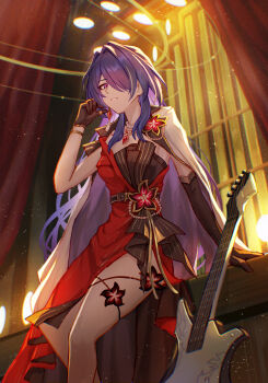 1girl absurdres acheron_(honkai:_star_rail) acheron_(star_rail_live_2025)_(honkai:_star_rail) asymmetrical_gloves black_gloves commentary_request dress earrings elbow_gloves electric_guitar flower gloves guitar hair_over_one_eye hand_up highres honkai:_star_rail honkai_(series) instrument isome jewelry long_hair looking_at_viewer multicolored_hair official_alternate_costume parted_lips purple_eyes purple_hair red_dress red_flower single_elbow_glove solo stage streaked_hair uneven_gloves very_long_hair