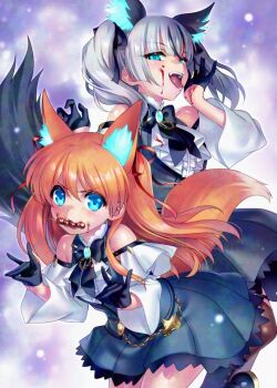 Rule 34 | 2girls, :3, :d, adversarial noise, animal ear fluff, animal ears, aqua eyes, bare shoulders, black bow, black bowtie, black gloves, black ribbon, black skirt, black streaks, blood, blood on face, blood on hands, blue eyes, blunt bangs, blunt ends, blush, bow, bowtie, center frills, closed mouth, commentary request, commission, company connection, cosplay, cowboy shot, crossover, dango, double fox shadow puppet, extra ears, eyes visible through hair, food, food in mouth, fox ears, fox girl, fox shadow puppet, fox tail, frilled shirt, frilled skirt, frills, gloves, hair between eyes, hair ribbon, half gloves, hand up, heaven burns red, kanon, key (company), long hair, long sleeves, looking at viewer, medium hair, multicolored hair, multiple girls, off-shoulder shirt, off shoulder, official alternate costume, open mouth, pleated skirt, red ribbon, ribbon, sawatari makoto, second-party source, shirt, sidelocks, simple background, skeb commission, skirt, smile, streaked hair, sugawara chie, sugawara chie (cosplay), tail, teeth, tongue, tongue out, twintails, two side up, upper teeth only, v-shaped eyebrows, wagashi, white shirt, wide sleeves, zen (kamuro)