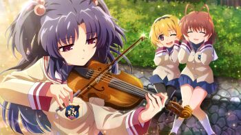 Rule 34 | 3girls, antenna hair, artist request, black hairband, black pantyhose, blonde hair, blue hair, blue skirt, bow (music), brown hair, brown jacket, bush, clannad, closed eyes, covering own ears, crossover, emblem, fang, furukawa nagisa, game cg, hair ornament, hairband, highres, higurashi no naku koro ni, higurashi no naku koro ni mei, hikarizaka private high school uniform, holding, holding instrument, holding violin, houjou satoko, ichinose kotomi, instrument, jacket, long hair, long sleeves, medium hair, multiple girls, music, nervous smile, non-web source, official art, open mouth, outdoors, pantyhose, parted lips, pink eyes, playing instrument, purple eyes, school uniform, shoes, short hair, sitting, skirt, smile, socks, sparkle, sphere hair ornament, sweatdrop, violin, white socks