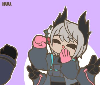 1girl 1other animated animated_gif arknights bird_girl black_gloves closed_eyes doctor_(arknights) extra_arms flower gloves grey_hair hair_flower hair_ornament head_wings highres kuhl-notes long_sleeves open_mouth pink_gloves purple_background raidian_(arknights) rock_paper_scissors short_hair simple_background wings