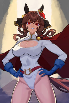 1girl animal_ears belt blue_gloves braid braided_hair_rings breasts brown_hair cape cell_(fu_cell) cleavage cleavage_cutout clothing_cutout cosplay dc_comics ear_covers ear_ornament gentildonna_(umamusume) gloves grin hair_between_eyes hair_ornament hair_rings heart-shaped_ornament heart_ear_ornament highleg highleg_leotard highres horse_ears horse_girl horse_tail large_breasts leotard long_hair looking_at_viewer open_mouth power_girl power_girl_(cosplay) red_belt red_cape red_eyes sleeved_leotard smile solo superhero_costume tail thighs umamusume white_leotard