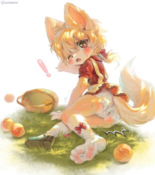 ! 1boy absurdres angrygentoo animal_ears ass basket black_shoes blonde_hair blush body_fur bow bulge crossdressing fallen_down feet food fox_boy fox_ears fox_tail fruit furry furry_male grass hair_bow highres low_ponytail male_focus mary_janes on_grass one_eye_closed open_mouth original panties pantyshot pawpads peach polka_dot polka_dot_panties ponytail puffy_short_sleeves puffy_sleeves red_eyes red_shirt see-through_clothes see-through_socks shirt shoes short_sleeves shota single_shoe skirt socks solo suspender_skirt suspenders sweat tail trap underwear white_background