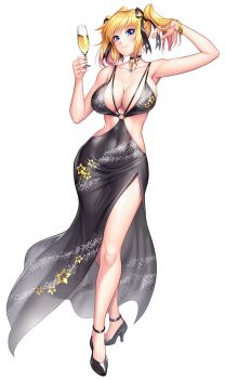 1girl alcohol alternate_costume armpits bare_shoulders blonde_hair blue_eyes blush bracelet breasts champagne champagne_flute choker cleavage closed_mouth collarbone covered_navel cup curvy dress drinking_glass full_body high_heels highres holding jewelry large_breasts lips long_hair looking_at_viewer o-ring official_alternate_costume official_art pointy_ears revealing_clothes shinganji_kurenai shiny_skin short_dress short_twintails side_slit sleeveless smile solo standing taimanin_(series) taimanin_kurenai taimanin_rpgx thighs transparent_background twintails wide_hips zol