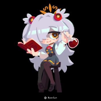 1girl artist_name belt black_background black_pantyhose black_shoes blue_archive blush book brown_eyes buttons chibi chibi_only chinese_commentary commentary_request double-breasted dress euki_(eukicat) flask full_body green_dress grey_hair hair_ornament hair_over_one_eye halo holding holding_book holding_flask kanoe_(blue_archive) knees_together_feet_apart long_hair long_sleeves looking_at_viewer making-of_available neck_ribbon no_lineart on_stool open_book open_mouth pantyhose pinafore_dress red_ribbon ribbon round-bottom_flask scar scar_on_neck shaded_face shirt shoes sidelocks simple_background sitting sleeveless sleeveless_dress solo stool two_side_up very_long_hair wavy_mouth white_shirt yellow_halo