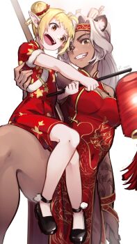 absurdres animal_ears blonde_hair child china_dress chinese_clothes commentary double_bun dragon_horns dress english_commentary gold_trim hair_bun highres horns indie_virtual_youtuber lantern mother_and_daughter paper_lantern peesh_san pointy_ears ponytail red_dress sansin_jin white_hair yellow_eyes