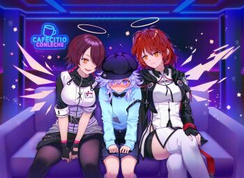 Rule 34 | 3girls, akih.hika, arknights, artist name, black gloves, black hat, black shorts, breasts, character request, closed mouth, coffee mug, commentary, commission, couch, cross, cross earrings, crossed legs, cup, earrings, exusiai (arknights), exusiai the new covenant (arknights), fingerless gloves, gloves, hair over one eye, halo, hand on lap, hand on own knee, hat, highres, jewelry, long sleeves, mug, multiple girls, neon palette, on couch, open mouth, orange eyes, pantyhose, purple eyes, purple hair, purple nails, red hair, shorts, sitting, smile, star (symbol), thighhighs, white thighhighs