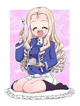 Rule 34 | 1girl, bc freedom military uniform, black socks, blonde hair, blue jacket, cake, closed eyes, curly hair, floral background, food, food on face, fork, girls und panzer, girls und panzer saishuushou, holding, holding fork, holding plate, jacket, long hair, marie (girls und panzer), miniskirt, on cushion, open mouth, pink background, plate, pleated skirt, rose background, school uniform, shirt, shoes, sitting, sitting on lap, sitting on person, skirt, smile, socks, strawberry shortcake, takahashi kurage, unworn shoes, wavy hair, white shirt, white skirt