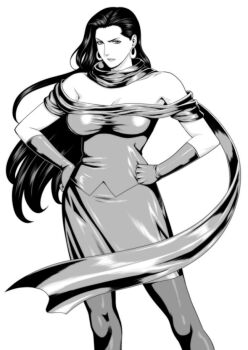 1girl bare_shoulders battle_tendency black_hair closed_mouth commentary_request dress earrings facing_viewer female_focus gloves greyscale hands_on_own_hips jewelry jojo_no_kimyou_na_bouken lisa_lisa long_hair looking_at_viewer mature_female monochrome off_shoulder pantyhose scarf shirt skirt sleeveless sleeveless_dress sleeveless_shirt solo standing takasugi_kou