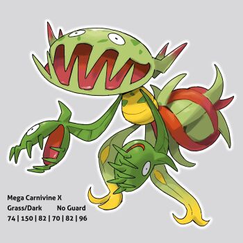 black_eyes carnivine character_name commentary fakemon full_body gen_4_pokemon go-lurk grey_background highres nintendo no_humans pokemon pokemon_(creature) pokemon_focus simple_background solo standing stats