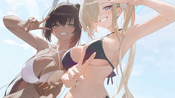 2girls alternate_costume armpits asuna_(blue_archive) bikini black_bikini black_hair blonde_hair blue_archive breasts commentary criss-cross_halter dark-skinned_female dark_skin hair_ornament hair_over_one_eye hair_scrunchie halo halterneck highres karin_(blue_archive) large_breasts long_hair looking_at_viewer modare multiple_girls navel one_eye_covered outdoors ponytail scrunchie stomach string_bikini swimsuit upper_body v very_long_hair white_bikini