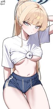 1girl arm_behind_back arm_up blonde_hair blue_archive blue_eyes blue_halo blue_shorts breasts dated drawstring ear_piercing halo highres long_hair looking_down medium_breasts midriff myeolchi navel no_bra piercing shirt short_shorts short_sleeves shorts signature simple_background solo thigh_gap thighs tied_shirt toki_(blue_archive) underboob white_background white_shirt