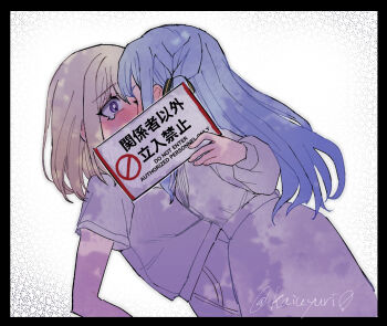 2girls bang_dream! bang_dream!_it's_mygo!!!!! black_border black_ribbon blonde_hair blue_hair blush border commentary_request hair_ribbon highres kiss long_hair long_sleeves medium_hair misumi_uika multiple_girls penguinbu purple_eyes ribbon scene_reference shirt short_sleeves sidelocks tearing_up togawa_sakiko white_shirt yuri