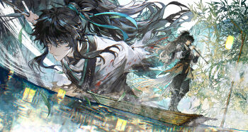 1boy bamboo bamboo_forest black_hair black_pants chinese_commentary cloak closed_mouth commentary_request forest gradient_hair green_ribbon grey_eyes grey_hair hair_ribbon highres holding holding_sword holding_weapon long_hair male_focus multicolored_hair multiple_views nature pants ponytail qiuyuan_(wuthering_waves) ribbon sword water watermark weapon weibo_watermark white_cloak wuthering_waves xiandao1213