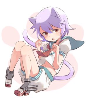 1girl amana_(pocketkey) animal_ears blue_sailor_collar cat_ears cat_girl cat_tail commentary_request hair_between_eyes kantai_collection kemonomimi_mode looking_at_viewer midriff navel neckerchief open_mouth paw_pose purple_hair red_eyes red_neckerchief rudder_footwear sailor_collar school_uniform serafuku short_hair short_sleeves shorts simple_background solo tail tama_(kancolle) white_shorts