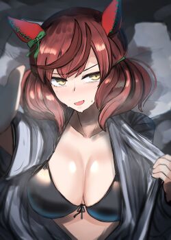 1girl absurdres alternate_breast_size_(larger) animal_ears bikini bikini_under_clothes black_bikini blush breasts brown_eyes brown_hair cleavage commentary_request ear_covers highres horse_ears horse_girl kanikama25 large_breasts long_hair looking_to_the_side lying multicolored_hair nice_nature_(umamusume) on_back open_mouth opened_by_self solo streaked_hair swimsuit twintails umamusume
