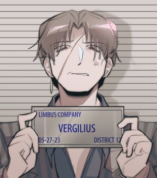 1boy anger_vein angry barbie_mugshot_(meme) commentary earrings english_commentary english_text fuw_omu grey_hair highres jewelry limbus_company looking_at_viewer male_focus meme mugshot name_tag project_moon red_eyes scar scar_on_face short_hair single_earring solo upper_body vergilius_(project_moon)