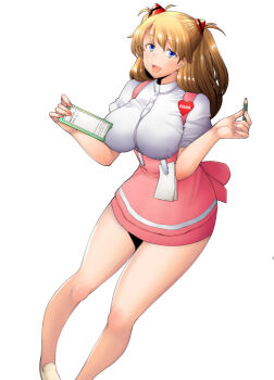 1girl alternate_breast_size bare_legs blue_eyes breasts brown_hair character_name holding holding_pen large_breasts long_hair looking_at_viewer neon_genesis_evangelion open_mouth pen sakai_hamachi skin_tight skirt smile solo souryuu_asuka_langley very_long_hair waitress waitress_uniform