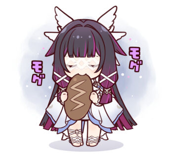 1girl black_hair blunt_bangs bread chibi chibi_only closed_eyes columbina_(genshin_impact) commentary_request dress eating eye_mask food full_body genshin_impact hair_ornament haruneharu holding holding_food long_hair long_sidelocks mask multicolored_hair purple_hair sidelocks solo standing very_long_hair white_background white_dress wing_hair_ornament