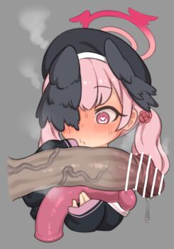 1boy 1girl bar_censor bare_shoulders basukechi blue_archive censored dildo erection grey_background koharu_(blue_archive) loli long_sleeves looking_at_penis one_eye_covered penis penis_awe pink_eyes pink_hair sex_toy simple_background tagme