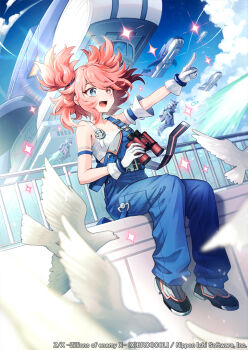 +_+ 1girl aircraft airship alicia_zinnia_goodwill bangle binoculars bird black_shoes blue_eyes blue_sky bracelet cloud cloudy_sky copyright_notice crop_top floating_hair gloves heterochromia holding holding_binoculars humanoid_robot jewelry official_art open_clothes overalls pink_hair red_eyes robot ronce shoes sitting sky solo suspenders suspenders_slip teeth two_side_up upper_teeth_only white_bird white_gloves z/x