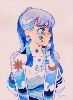 1girl artist_name blue_eyes blue_hair crescent_moon crying crying_with_eyes_open dripping highres liquid liquid_hair long_hair looking_to_the_side meyoco moon ocean original painting_(medium) portrait patterned_hair see-through_body signature simple_background solo star_(symbol) tears traditional_media watercolor_(medium) wave_print white_background