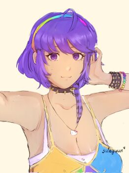 1girl :3 adapted_costume adjusting_hair alternate_costume bracelet breasts cleavage closed_mouth collar hairband heart hello_kitty highres jewelry looking_at_viewer mole mole_on_cheek mole_under_eye multicolored_clothes patchwork_clothes pendant purple_eyes purple_hair rainbow_hairband sanrio short_hair signature simple_background smile solo spiked_collar spikes suikyuun tank_top tenkyuu_chimata touhou upper_body