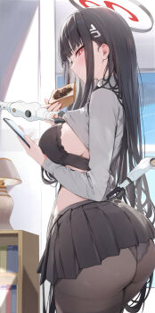 1girl ass black_bra black_hair black_panties black_pantyhose black_skirt blue_archive blush bra bread breasts bright_pupils food from_side hair_ornament hairclip halo highres houraku large_breasts long_hair long_sleeves panties panties_under_pantyhose pantyhose pleated_skirt red_eyes rio_(blue_archive) robot shirt skirt solo sweater turtleneck turtleneck_sweater underwear white_pupils white_shirt white_sweater