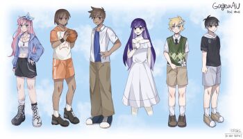 2girls 4boys alternate_costume alternate_eye_color alternate_hair_color alternate_universe antenna_hair aoihiraki artist_name asymmetrical_footwear asymmetrical_legwear aubrey_(faraway)_(omori) aubrey_(omori) bare_shoulders basil_(faraway)_(omori) basil_(omori) black_boots black_eyes black_hair black_hoodie black_shoes black_skirt black_socks blonde_hair blue_eyes blue_jacket blue_shoes blush boots brother_and_sister brothers brown_eyes brown_hair brown_pants brown_shoes brown_shorts closed_mouth collarbone collared_jacket collared_shirt commentary crop_top dark-skinned_male dark_skin denim denim_skirt double-parted_bangs dress english_commentary flower green_sweater_vest grey_shorts hair_between_eyes hair_flower hair_ornament hand_on_own_hip hero_(faraway)_(omori) hero_(omori) highres holding holding_flower hood hood_down hooded_jacket hoodie jacket jewelry kel_(faraway)_(omori) kel_(omori) long_hair long_sleeves looking_at_viewer mari_(faraway)_(omori) mari_(omori) mismatched_footwear mismatched_legwear multiple_boys multiple_girls necklace off-shoulder_dress off_shoulder omori open_clothes open_jacket open_mouth orange_shorts pants pink_hair purple_hair shirt shoes short_hair short_sleeves shorts siblings sidelocks skirt smile sneakers socks something_(omori) sunny_(omori) sweater_vest white_boots white_dress white_hoodie white_jacket white_shirt white_socks