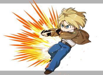 1boy apollo_(pixiv884782) attack belt belt_buckle black_gloves blonde_hair blue_eyes blue_pants brown_jacket brown_shoes buckle clenched_hand closed_mouth commentary_request denim fatal_fury fatal_fury:_city_of_the_wolves fighting_stance fingerless_gloves floating_hair full_body fur-trimmed_jacket fur_trim gloves hair_between_eyes hand_on_own_arm jacket jeans male_focus official_alternate_costume open_clothes open_jacket outstretched_arm pants serious shirt shoes short_hair solo terry_bogard v-shaped_eyebrows white_shirt
