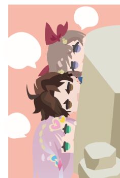 Rule 34 | 01 (zeroichi srl), 1boy, 2girls, atelier (series), atelier lulua, blue eyes, brown eyes, brown hair, chibi, chibi only, christoph aurel arland, commentary request, elmerulia frixell, eva armster, green eyes, hair ornament, hair ribbon, heart, heart hair ornament, long hair, looking at viewer, multiple girls, open mouth, peeking out, red ribbon, ribbon, rock, short hair, speech bubble, upper body