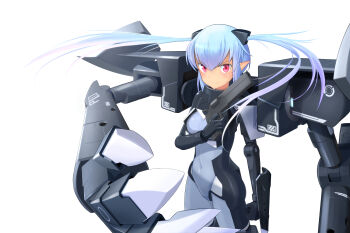 1girl absurdres blue_hair blush bodysuit breasts busou_shinki covered_navel dark-skinned_female dark_skin ebi_(selinanyan) extra_arms floating_hair grey_bodysuit gun handgun highres holding holding_gun holding_weapon joints long_hair looking_at_viewer mecha_musume mechanical_arms pointy_ears red_eyes small_breasts smile solo strarf twintails weapon white_background