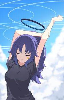 1girl absurdres arms_up backlighting black_halo black_shirt blue_archive blue_sky breasts clenched_hand closed_eyes closed_mouth cloud commentary cumulonimbus_cloud day facing_viewer gym_shirt gym_uniform hair_between_eyes halo highres long_hair mechanical_halo medium_breasts outdoors ponytail purple_hair rururiiro shirt short_sleeves sky smile solo split_mouth star_(symbol) star_sticker sticker sticker_on_face stretching upper_body yuuka_(blue_archive) yuuka_(track)_(blue_archive)