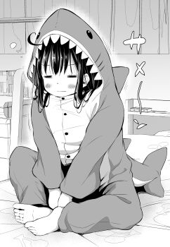 1girl absurdres ahoge airandou animal_costume barefoot bed_sheet blush closed_mouth closed_eyes full_body greyscale highres indoors long_sleeves monochrome on_bed original shark_costume sitting sleepy soles solo wavy_mouth